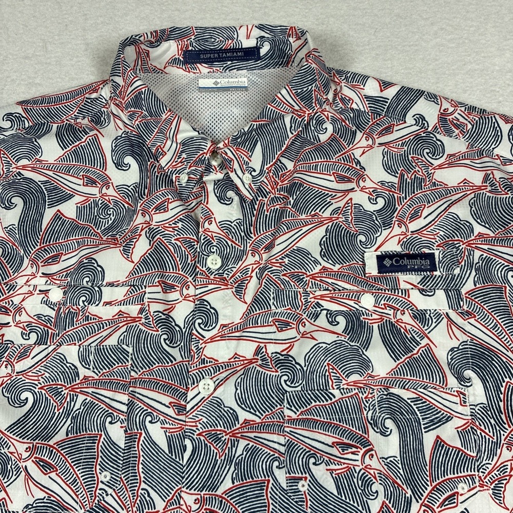Columbia Super Tamiami Fishing Shirt Short Sleeve Mens 2XL XXL Ocean Wave Print